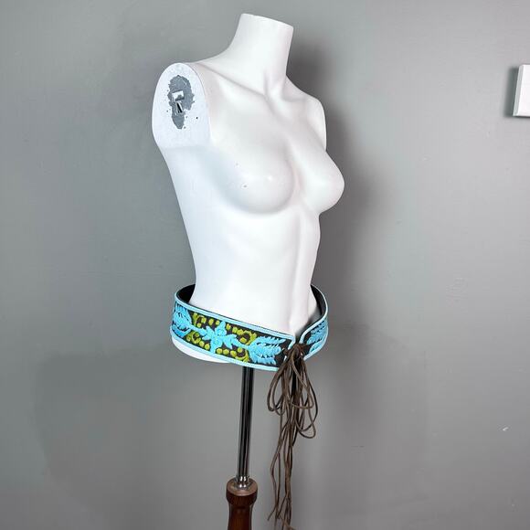 Tory Burch woven belt all over embroidery fringe tie boho hippie vintage 70s